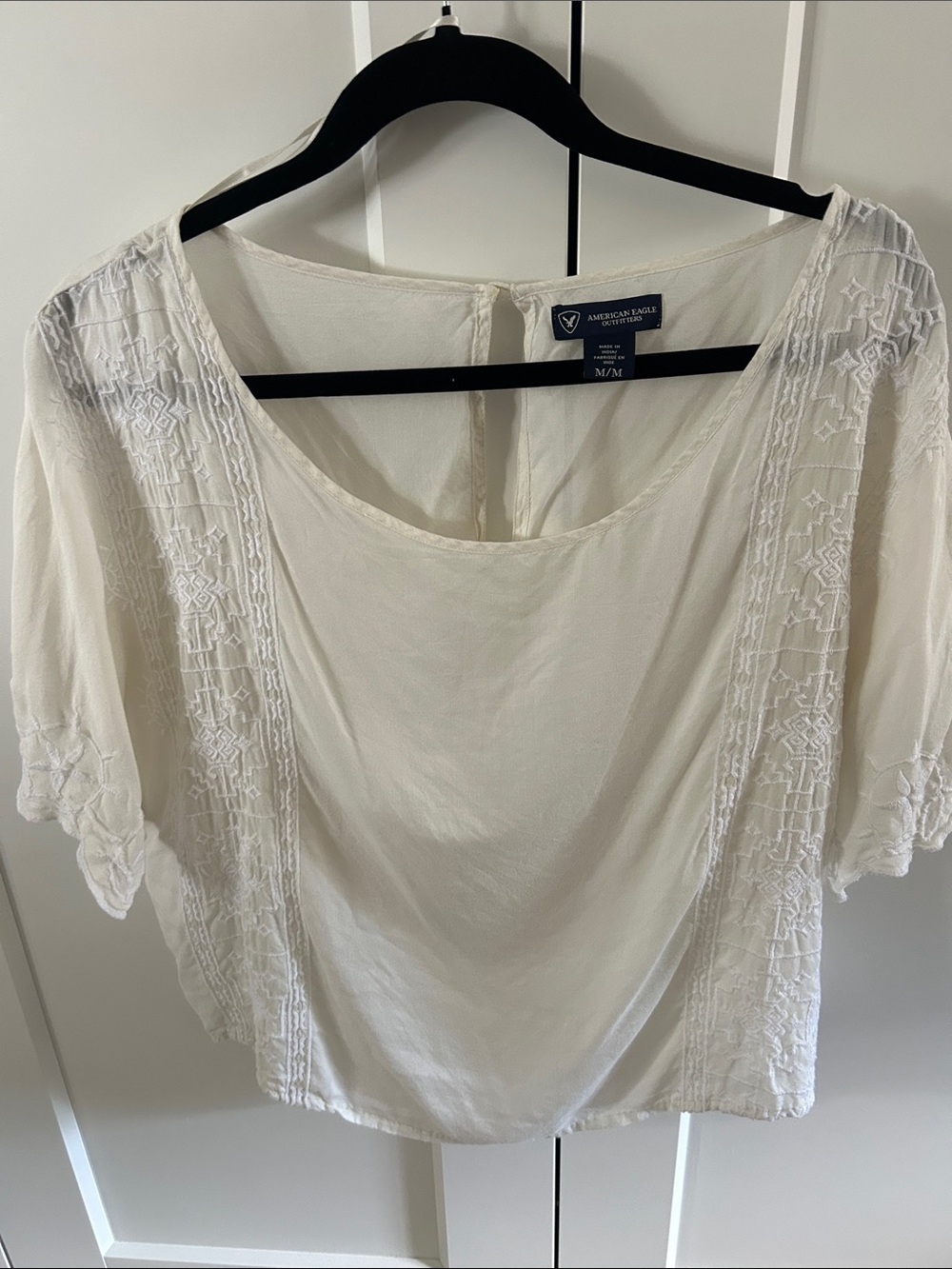 American Eagle Outfitters Cream Scoop Neck Embroidered Blouse